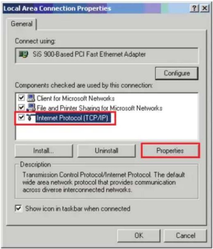 Local Area Connection Properties General Connect using: SiS 900-Based PCI Fast Ethernet Adapter Configure Components checked are used by this connection: Client for Microsoft Networks File and Printer Sharing for Microsoft Networks Internet Protocol [TCP/IP] Install... Uninstall Properties Description Transmission Control Protocol/Internet Protocol. The default wide area network protocol that provides communication across diverse interconnected networks. Show icon in taskbar when connected OK Cancel