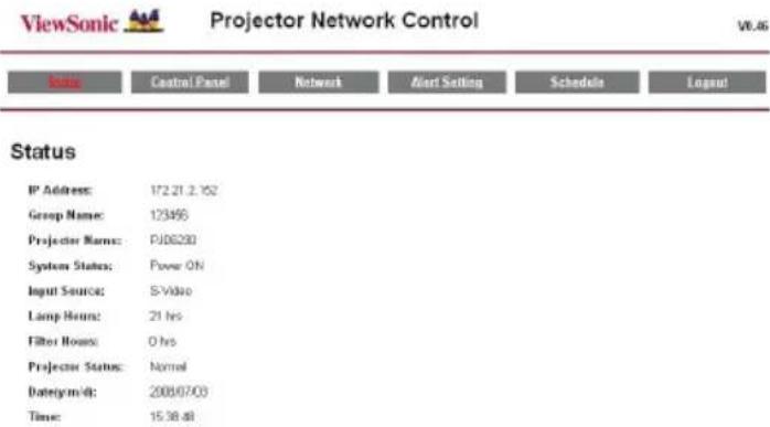 ViewSonic Projector Network Control V0.45 Status Castal Panel Network Alert Setting Schedules Layout IP Address: 172.21.2.162 Group Name: 123466 Projector Name: PJ06200 System Status: Power ON Input Source: S-Video Lamp Hours: 21 hrs Filter House: 0 hrs Projector Status: Normal Date stamp: 2009/07/03 Time: 15:38:48