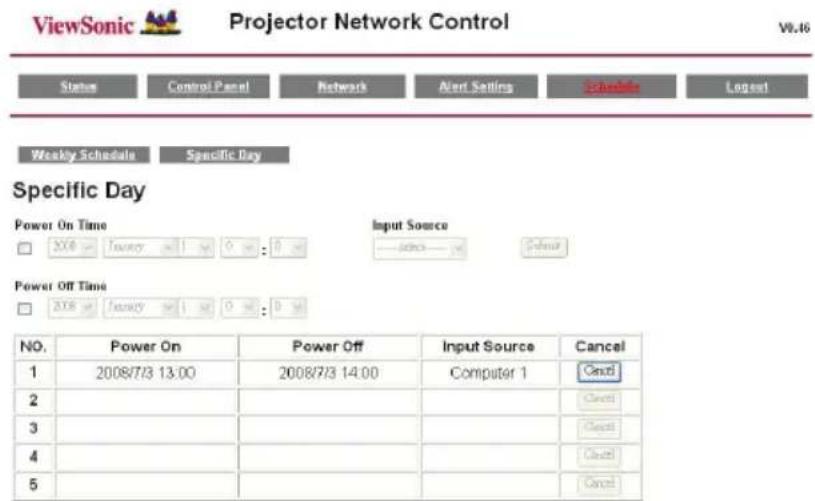 ViewSonic Projector Network Control V9.16 Status Control Panel Network Alert Setting Schedules↳Logset Weekly Schedule Specific Day Specific Day Power On Time.Input Source □ 2008/7/3 14:00 0 0 0 0 0 Power Off Time □ 2008/7/3 14:00 0 0 0 0 NO. Power On Power Off.Input Source Cancel 1 2008/7/3 13:00 2008/7/3 14:00 Compler 1 Cancel 2 3 4 5 Cancel