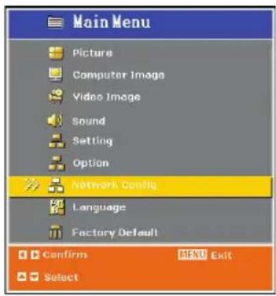 Main Menu Picture Computer Image Video Image Sound Setting Option Network Config Language Factory Default Confirm MENU Exit Select