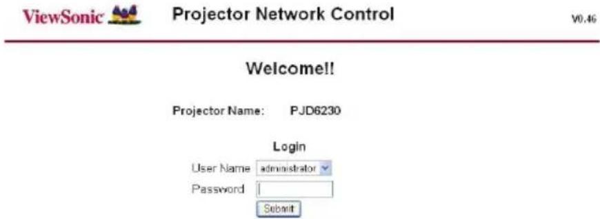 ViewSonic Projector Network Control V0.46 Welcome!! Projector Name: PJD6230 Login User Name administrator Password | Submit