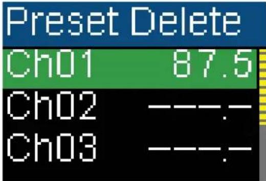 Preset Delete Ch01 87.5 Ch02 ---. Ch03 ---.