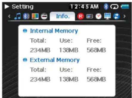 Setting 12:45 AM Info. Internal Memory Total: Use: Free: 234MB 138MB 568MB External Memory Total: Use: Free: 234MB 138MB 568MB