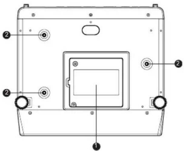 Technical diagram of a device rear panel with numbered components and mounting holes