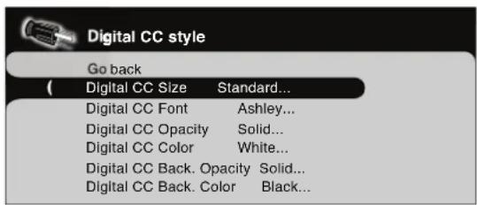 Digital CC style Go back ( Digital CC Size Standard... Digital CC Font Ashley... Digital CC Opacity Solid... Digital CC Color White... Digital CC Back. Opacity Solid... Digital CC Back. Color Black...