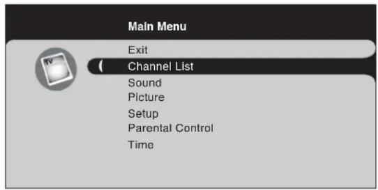 Main Menu Exit Channel List Sound Picture Setup Parental Control Time