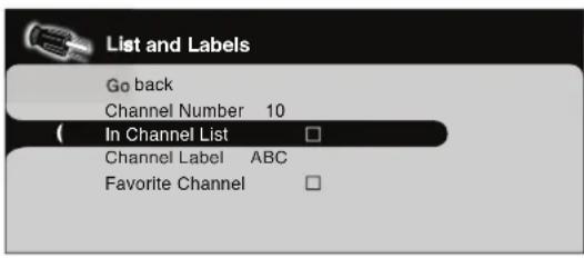 List and Labels Go back Channel Number 10 ( In Channel List ) Channel Label ABC Favorite Channel