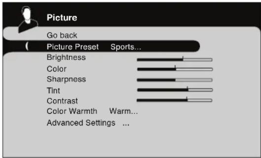 Picture Go back Picture Preset Sports... Brightness Color Sharpness Tint Contrast Color Warmth Warm... Advanced Settings ...