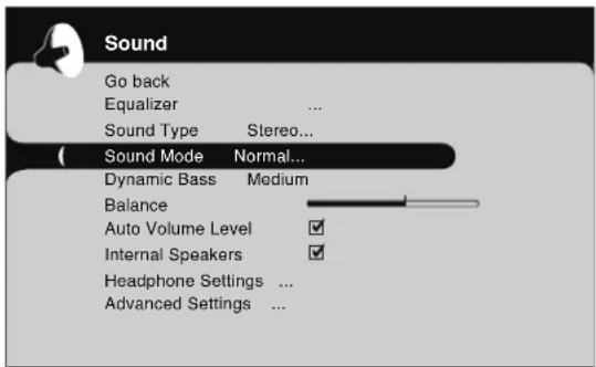 Sound Go back Equalizer ... Sound Type Stereo... Sound Mode Normal... Dynamic Bass Medium Balance Auto Volume Level ✓ Internal Speakers ✓ Headphone Settings ... Advanced Settings ...