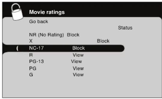 Movie ratings Go back Status NR (No Rating) Block X Block ( NC-17 Block R View PG-13 View PG View G View