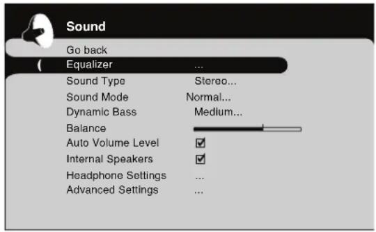 Sound Go back Equalizer Sound Type Stereo... Sound Mode Normal... Dynamic Bass Medium... Balance Auto Volume Level ✓ Internal Speakers ✓ Headphone Settings ... Advanced Settings ...
