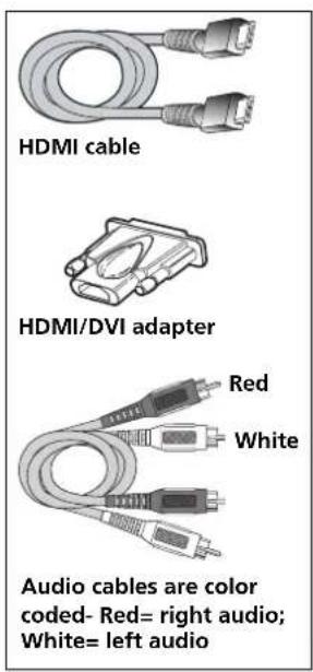 HDMI cable HDMI/DVI adapter Red White Audio cables are color coded- Red= right audio; White= left audio