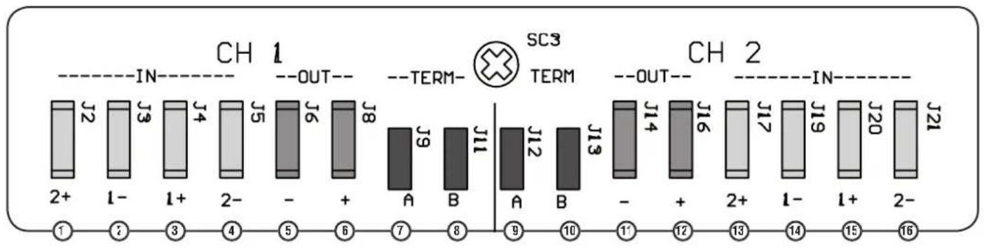 CH 1 --OUT-- --TERM- SC3 TERM CH 2 --OUT-- --IN-- J2 J3 J4 J5 J6 J8 A B J9 J10 A B J11 J12 J13 - + 2+ 1- 1+ 2- 1 2 3 4 5 6 7 8 9 10 11 12 13 14 15 16
