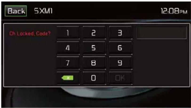 Back 5XM1 12:08PM Ch Locked, Code? 1 2 3 4 5 6 7 8 9 x 0 OK