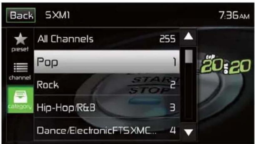 Back SXM1 7:36AM All Channels 255 pop 1 Rock 2 Hip-Hop/R&B 3 Dance/ElectronicFTS/XMC... 4