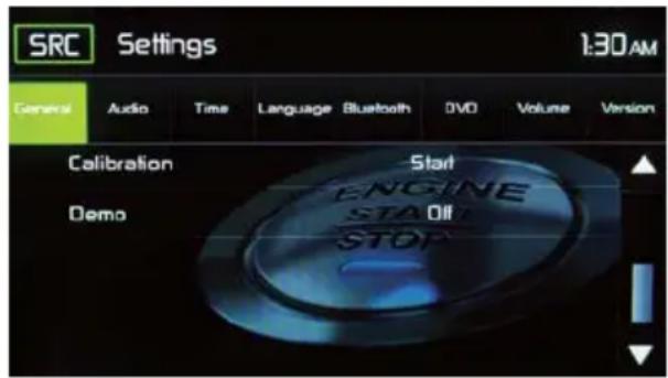 SRC Settings 1:30 AM General Audio Time Language Bluetooth DVD Volume Version Calibration Start Engine STA Oil STOP Demo
