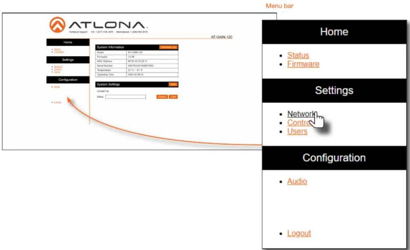 ATLONA Technical Report US 1 (077) 506.3915 International 1 (089) 902.4915 AT-GAIN-120 Home • Real • Software Settings • Network • Control • User Configuration • Audio • Logout System Information Description List Model AT-GAIN-120 Firmware 10.06 MAC Address 60.50.44.53.22.11 Serial Number 090785A321996877685 Temperature 33 °C - 81 °F Opening Time 0000:00:00:25 System Settings Send United File Status: Browse Edit Menu bar Home • Status • Firmware Settings • Network • Control • Users Configuration • Audio • Logout