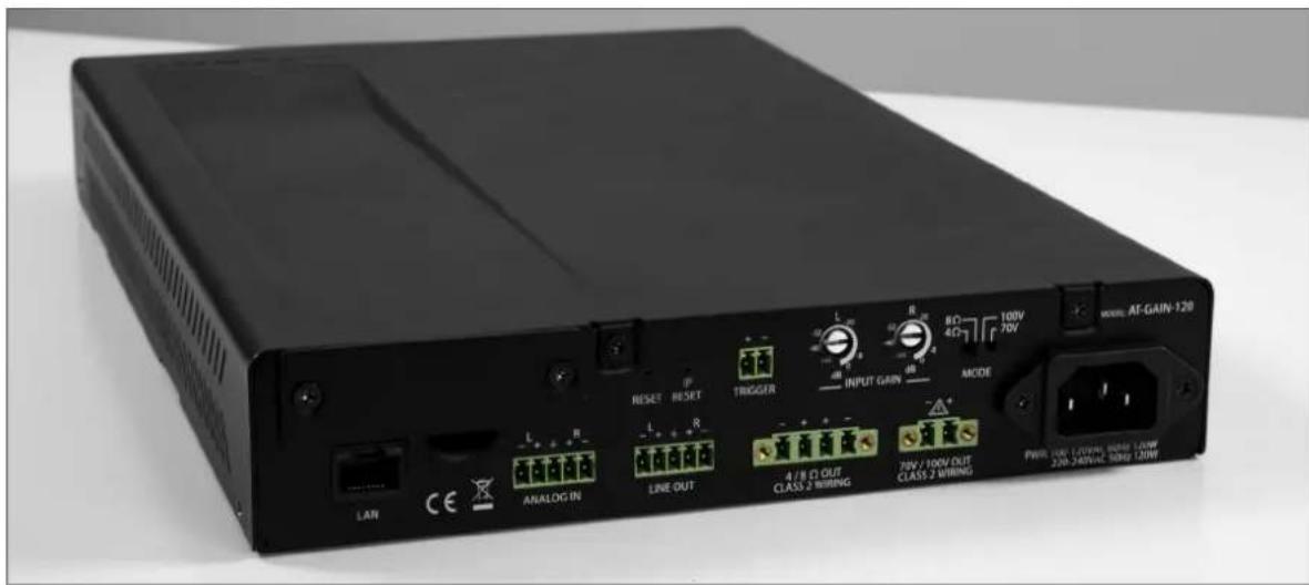 MODEL AT-GAIN-120 LAR CE ANALOG IN LINE OUT 4 / 8 Ω OUT CLASS 2 WIRING INPUT GAIN MODE 70V / 100V OUT CLASS 2 WIRING POWER OUT 120V/100V MODE 1.5W 220~36V/100V 120W