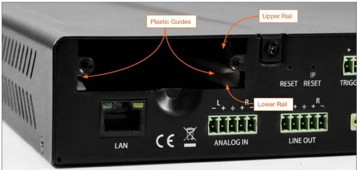 Plastic Guides Upper Rail IP RESET RESET TRIGG Lower Rail L + + - R - LAN CE ANALOG IN LINE OUT