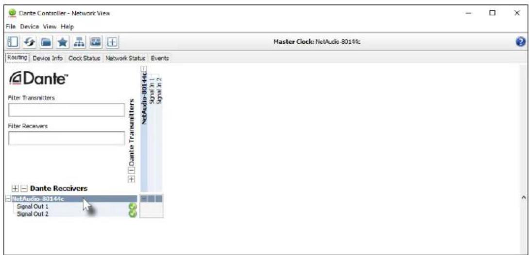 Dante Controller - Network View File Device View Help Master Clock: NetAudio-80144c Routing Device Info Clock Status Network Status Events Dante™ Filter Transmitters Filter Receivers Dante Transmitters NetAudio-80144c Signal Out 1 Signal Out 2