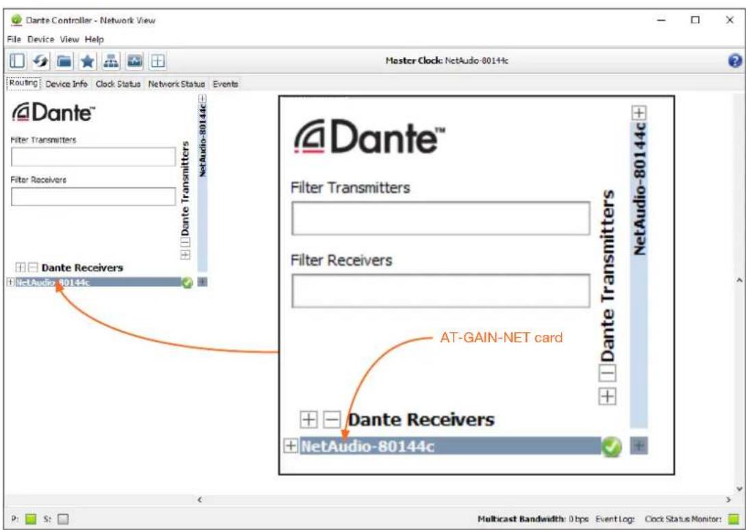 Dante Controller - Network View File Device View Help Routing Device Info Clock Status Network Status Events Master Clock: NetAudio-80144c Dante™ Filter Transmitters Filter Receivers Dante Transmitters NetAudio-80144c Dante Receivers NetAudio 80144c Dante Transmitters Filter Transmitters Filter Receivers AT-GAIN-NET card Dante Receivers NetAudio-80144c Dante Transmitters NetAudio-80144c P: S: Multicast Bandwidth: 0 bps Event Log: Clock Status Monitor