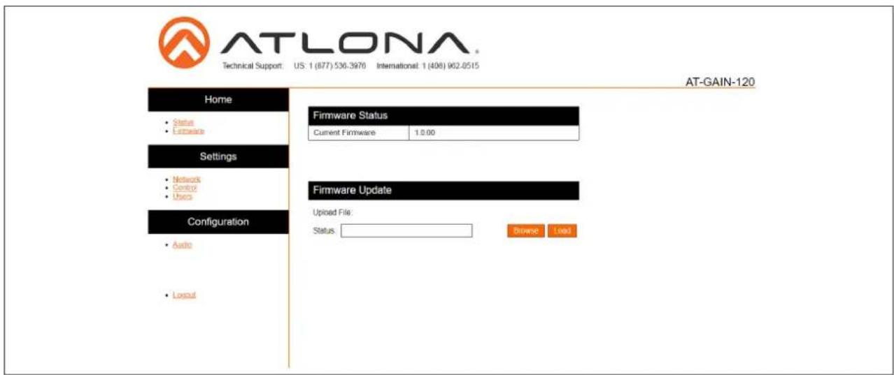 ATLONA Technical Support: US: 1 (877) 536.3976 International: 1 (408) 962-0515 AT-GAIN-120 Home Status Hardware Firmware Status Current Firmware 1.0.00 Settings Networks Control Uses Configuration Audio Logout Firmware Update Uploaded File: Status: Remove Load
