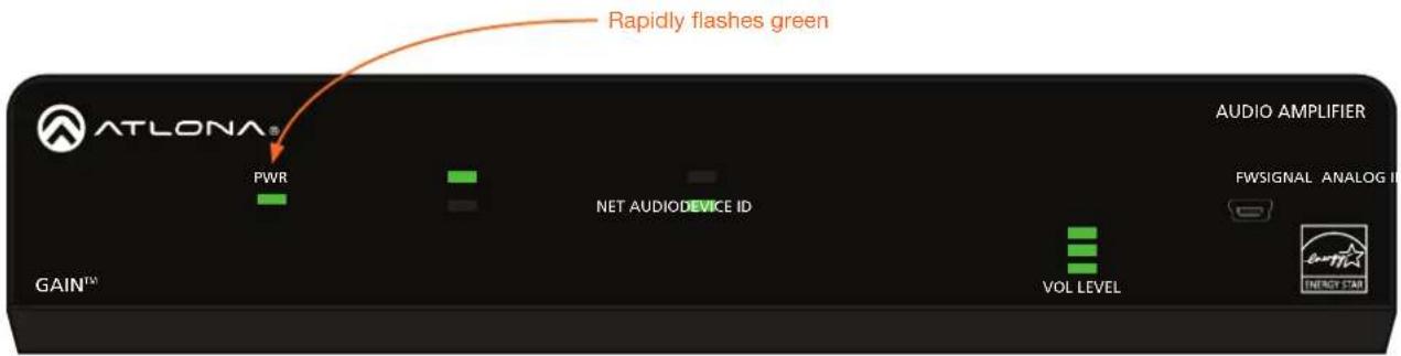 ATLONA® PWR NET AUDIODEVICE ID VOL LEVEL GAIN™ Rapidly flashes green AUDIO AMPLIFIER FWSIGNAL ANALOG I ENERGY STAR
