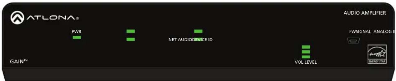 ATLONA® PWR NET AUDIODEVICE ID VOL LEVEL GAIN™ AUDIO AMPLIFIER FWSIGNAL ANALOG I ENERGY STAR