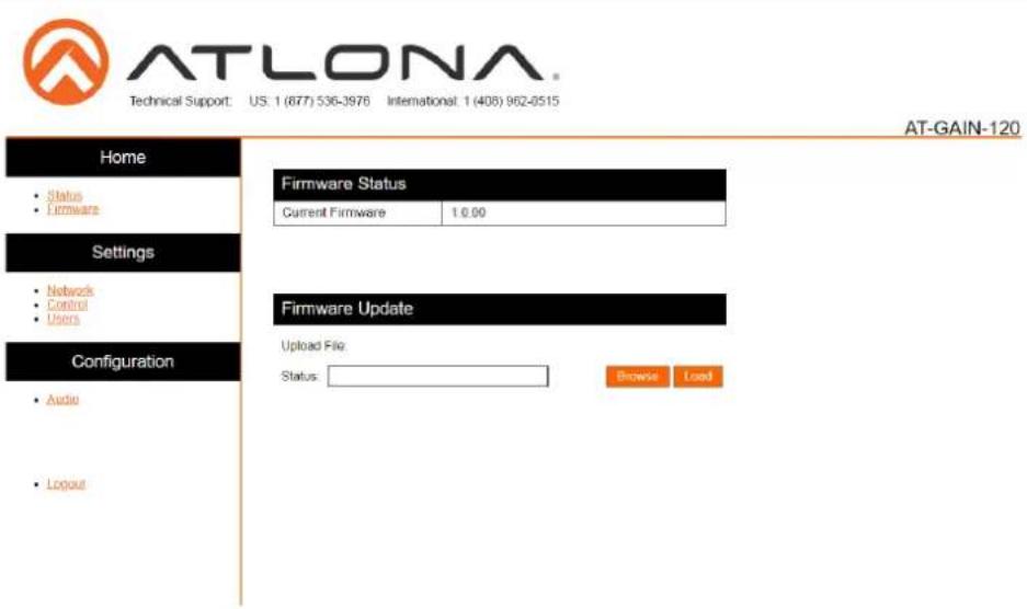 ATLONA Technical Support: US: 1 (677) 536-3976 International: 1 (408) 962-0515 Home Status Firmware Firmware Status Current Firmware 1.0.00 Settings Networks Control Users Configuration Audio Layout Firmware Update Upload File: Status: Browse Load AT-GAIN-120