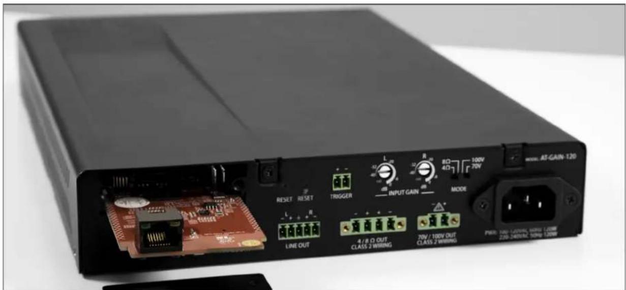 RESET RESET TRIGGER INPUT GAIN MODE LINE OUT 4 / 8 Ω OUT CLASS 2 WIRING 70V / 100V OUT CLASS 2 WIRING PWR: 100V LUTURE, WIRING 2.20W 2.20-240MHz, 50Hz 1.30W www.AT-GAIN-120