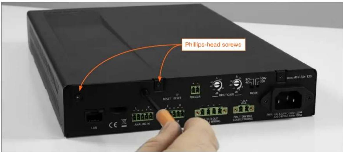 Phillips-head screws RESET RESET TROGGER INPUT GAIN MODE AT-GAIN-120 LAN CE ANALOG IN ANALOG IN 70V / 100V OUT CLASS 2 WIRING PWM: 500 L/3WAC, GORE 1.20W 220-240VAC, 90Hz 130W
