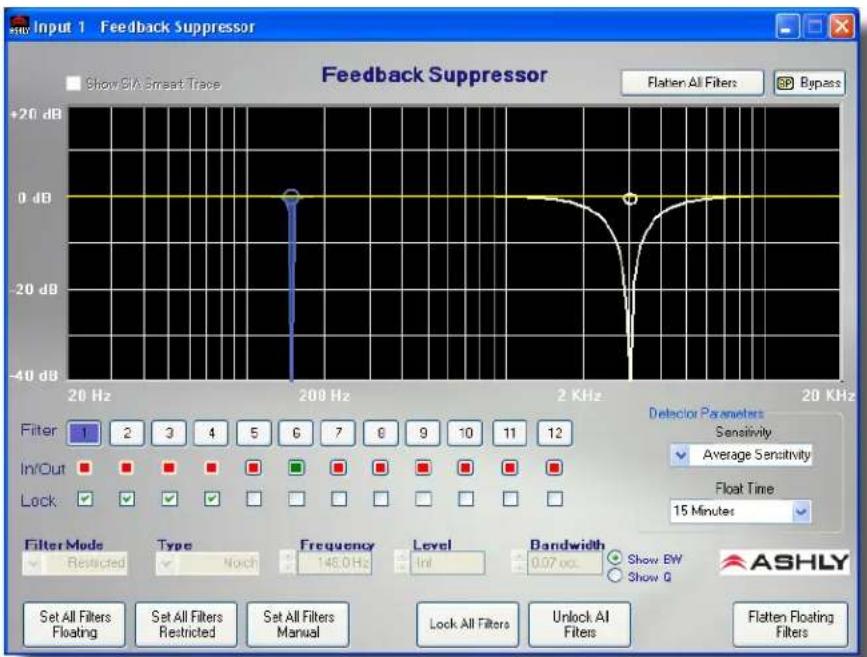 Input 1 Feedback Suppressor Show BIA Smart Trace +20 dB 0 dB -40 dB 20 Hz 200 Hz 2 KHz 20 KHz Filter 1 2 3 4 5 6 7 8 9 10 11 12 In/Out Lock Detector Parameters Sensitivity Average Sensitivity Float Time 15 Minutes Filter Mode Type Frequency Level Bandwidth Show BW Show Q Restricted Notch 148.0 Hz Init 0.07 cc ASHLY Set All Filters Set All Filters Set All Filters Unlock All Filters Flatten Floating Filters Floating Restricted Manual