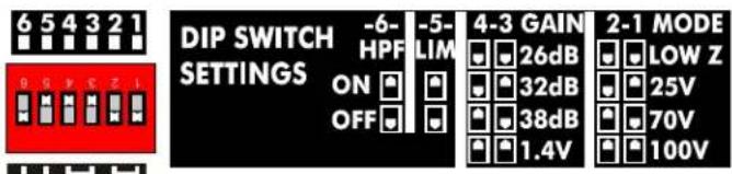 6 5 4 3 2 1 DIP SWITCH SETTINGS -6- HPF ON OFF -5- LIM 4-3 GAIN 26dB 32dB 38dB 1.4V 2-1 MODE LOW Z 25V 70V 100V