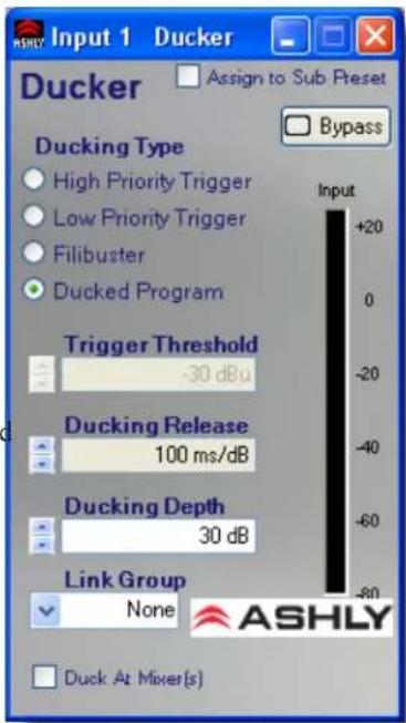 Input 1 Ducker Ducker Assign to Sub Preset Ducking Type High Priority Trigger Low Priority Trigger Filibuster Ducked Program Trigger Threshold -30 dBu Ducking Release 100 ms/dB Ducking Depth 30 dB Link Group None Ashly Duck At Mixer(s) Bypass Input +20 0 -20 -40 -60 -80