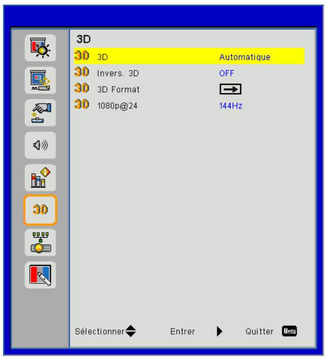 3D 3D 3D Automatique 3D Invers. 3D OFF 3D 3D Format 3D 1080p@24 144Hz Sélectionner Enterer Quitter Menu