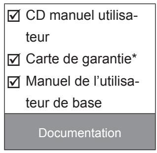 ✓ CD manuel utilisateur ✓ Carte de garantie* ✓ Manuel de l'utilisateur de base Documentation