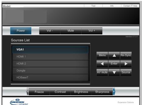 Model: Test Info Contact IT Help Power Vol - Mute Vol + Sources List VGAI HDMI 1 HDMI 2 Dongle HDBaseT Menu Re-Sync Enter AV mute Source Freeze Contrast Brightness Sharpness Expansion Options