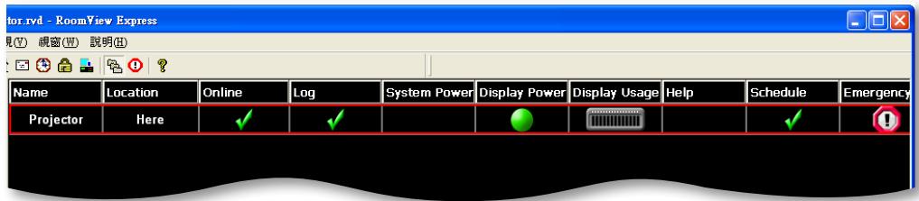 tor.rvd - RoomView Express 視(V) 視窗(W) 說明(H) Name Location Online Log System Power Display Power Display Usage Help Schedule Emergency Projector Here ✓ ✓ ● ######## ✓ #