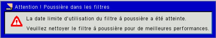 Attention ! Poussière dans les filtres La date limite d'utilisation du filtre à poussière a été atteinte. Veuillez nettoyer le filtre à poussière pour de meilleures performances.