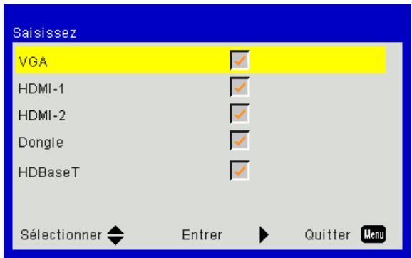 Saisissez VGA HDMI-1 HDMI-2 Dongle HDBaseT Sélectionner Enterer Quitter Menu