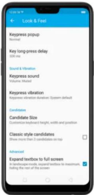 Look & Feel Keypress popup Normal Key long-press delay 300 ms Sound & Vibration Keypress sound Volume: Muted Keypress vibration Keypress vibration duration: System default Candidates Candidate Size Customize keyboard height, width and position Classic style candidates Show more than 3 candidates on top Advanced Expand textbox to full screen In landscape mode, expand textbox to ensure, failing the rest of the screen