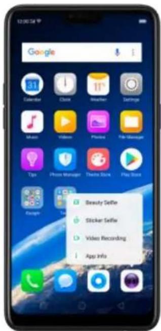 12:00:34 Google Calendar Clock Weather Settings Music Video Photos Play Messages Tips Phone Manager Theme Store Play Store Beauty Selie Sticker Selie Video Recording App Info