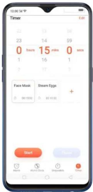 Timer 22 23 0 hours 1 Edit 13 14 15 mins 16 59 50 59 0 secs Face Mask Steam Eggs + 00:15:00 00:10:00 Start Place Alarms World Clocks Shipwatch Other
