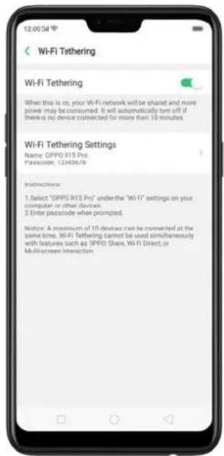 12:00:54 Wi-Fi Tethering Wi-Fi Tethering When this is on, your Wi-Fi network will be shared and more power may be consumed. It will automatically turn off if there is no device connected for more than 10 minutes. Wi-Fi Tethering Settings Name: OPPO R15 Pro Passcode: 1243678 Instructions: 1. Select "OPPO R15 Pro" under the "Wi-Fi" settings on your computer or other devices. 2. Enter passcode when prompted. Notice: A maximum of 10 devices can be connected at the same time. Wi-Fi Tethering cannot be used simultaneously with features such as OPPO Share, Wi-Fi Direct, or Multi-screen Interaction.