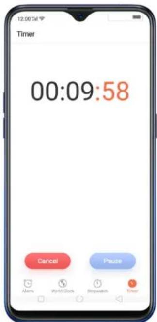 Timer 00:09:58 Cancel Pause Alarms World Clock Expiration Timer