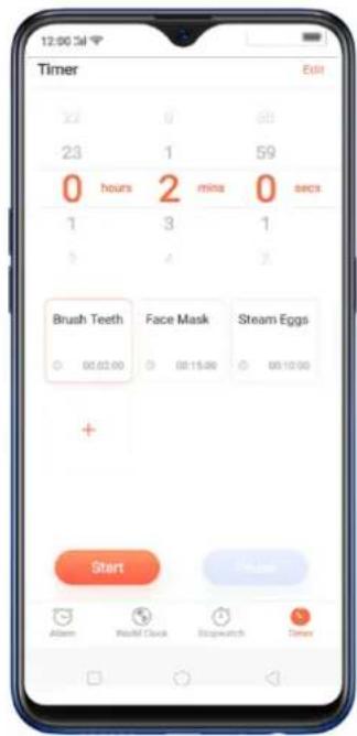 12:00 Cal Timer Edit 22 0 58 23 1 59 0 hours 2 mins 0 secs 1 3 1 3 4 3 Brush Teeth Face Mask Steam Eggs 00:02:00 00:15:00 00:10:00 + Start Finish Attend Quick Stopwatch Times