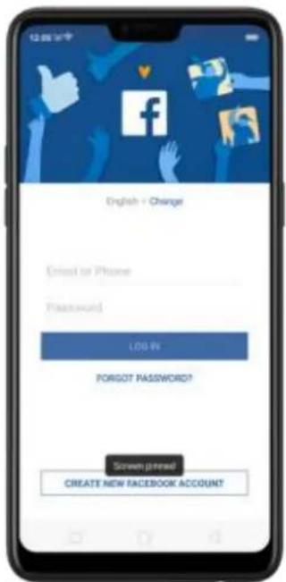 12:00 AM English + Change Email or Phone Password LOG IN FORGOT PASSWORD? Screen pressed CREATE NEW FACEBOOK ACCOUNT?