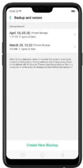 12:00:34 Backup and restore Backup Record April 10, 05:38 | Phone Storage 1.21 GB / 5 types of data March 29, 15:32 | Phone Storage 978 MB / 5 types of data When fixing data and cache to install the system, ensuring all content, or restoring to factory settings, the backup data stored on the phone will be obtained. Please copy these backup files to a computer in other external storage devices before the operation Create New Backup