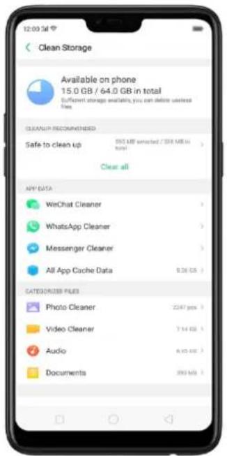 12:00 34 Clean Storage Available on phone 15.0 GB / 64.0 GB in total Sufficient storage available, you can delete wireless files CLEANUP RECOMMENDED Safe to clean up 592 MB selected / 358 MB in total Clear all APP DATA WeChat Cleaner > WhatsApp Cleaner > Messenger Cleaner > All App Cache Data 9.36 GB > CATEGORIES FILES Photo Cleaner 2047 pcs > Video Cleaner 7.14 GB > Audio 6.05 pcs > Documents 390 Mb >