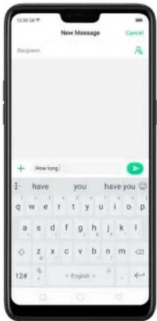 12:00:54 New Message Cancel Recipient: + How long! I have you have you q w e r t y u i o p a s d f g h j k l ◇ z x c v b n m 12# < English >